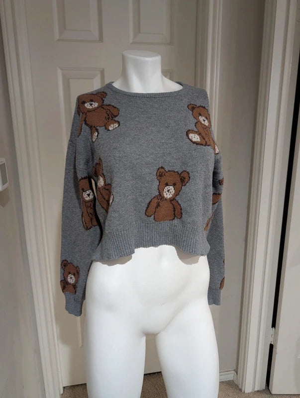 No Comment Gray Cropped Teddy Bear Sweater Women's Medium