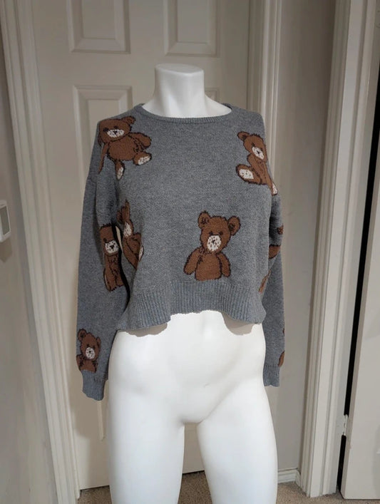 No Comment Gray Cropped Teddy Bear Sweater Women's Medium