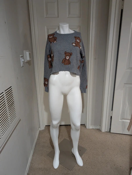 No Comment Gray Cropped Teddy Bear Sweater Women's Medium