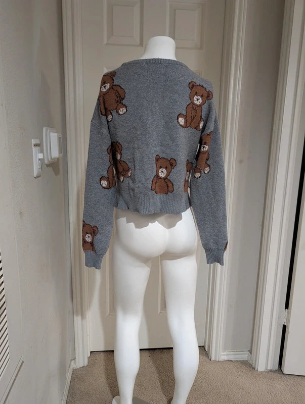 No Comment Gray Cropped Teddy Bear Sweater Women's Medium
