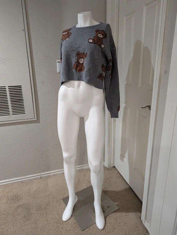 No Comment Gray Cropped Teddy Bear Sweater Women's Medium