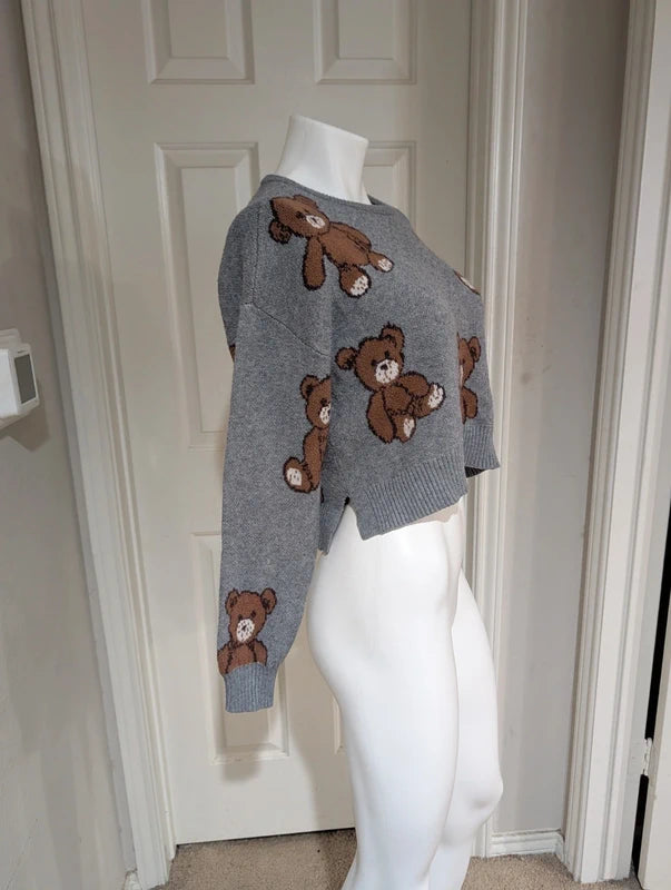 No Comment Gray Cropped Teddy Bear Sweater Women's Medium