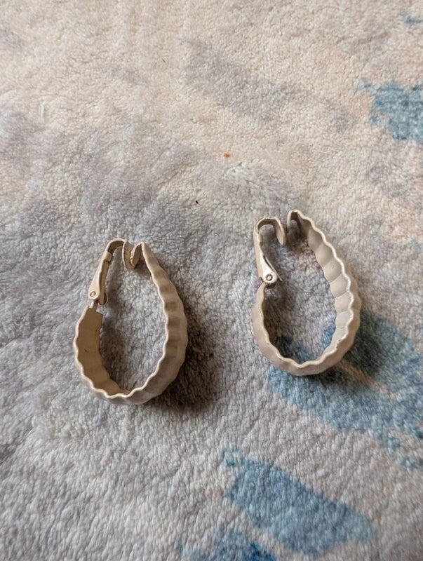 Vintage Beige Metal Crinkled Hoop Earrings Retro Iconic MCM