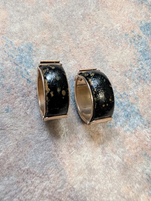 Retro Gold & Black Faux Marble Snap-On Earrings VTG MCM