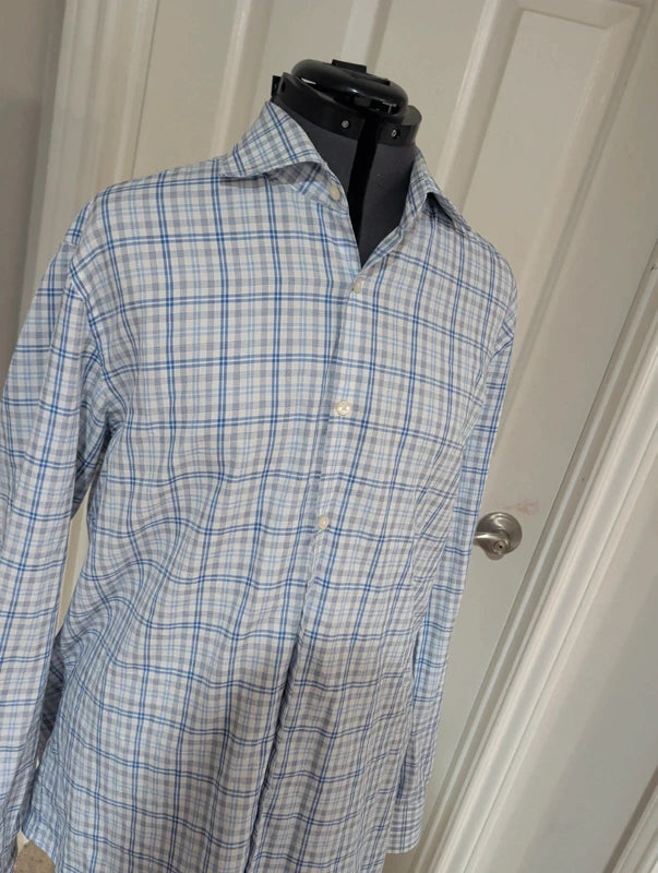 Hugo Boss Blue & White Checkered Button-Down Shirt Men's 44/ US 11