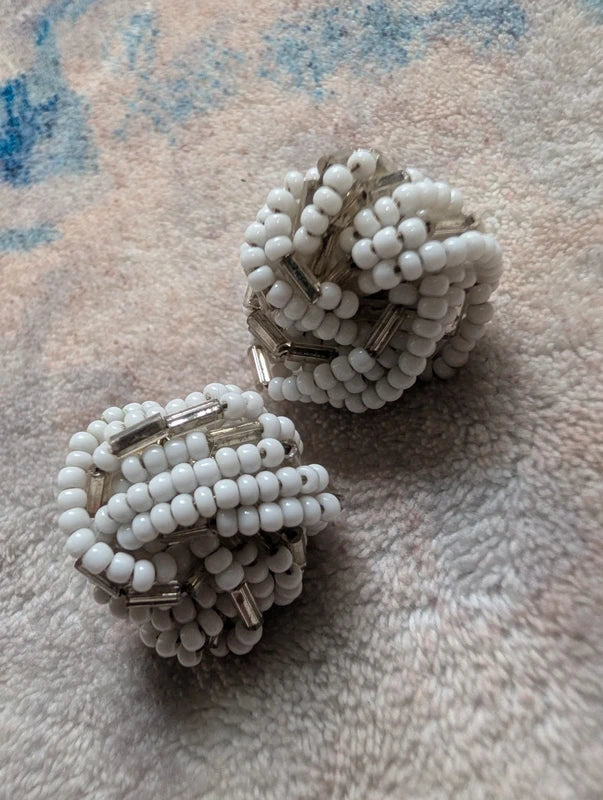 Vintage White & Silver Bead Knot Earrings Retro Costume Jewelry