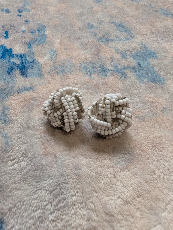 Vintage White & Silver Bead Knot Earrings Retro Costume Jewelry