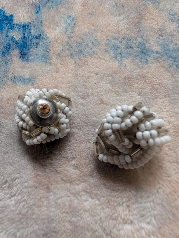 Vintage White & Silver Bead Knot Earrings Retro Costume Jewelry