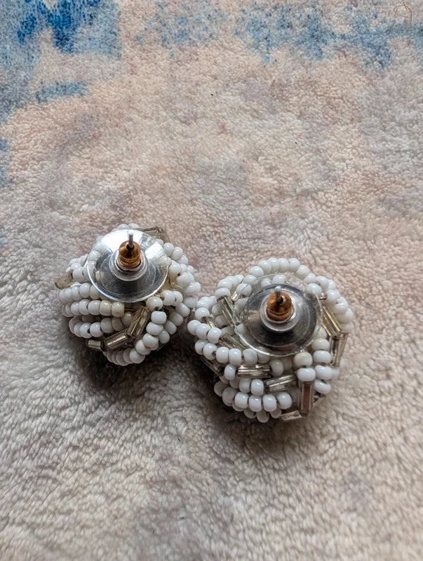 Vintage White & Silver Bead Knot Earrings Retro Costume Jewelry