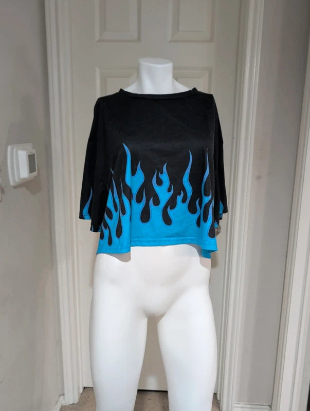 Shein Y2K Retro Blue Flame Cropped Tee Women's 4XL