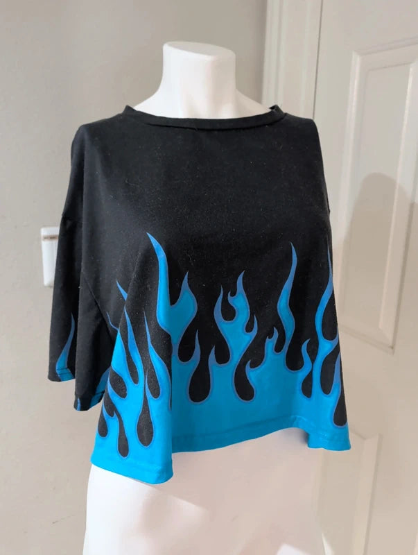 Shein Y2K Retro Blue Flame Cropped Tee Women's 4XL