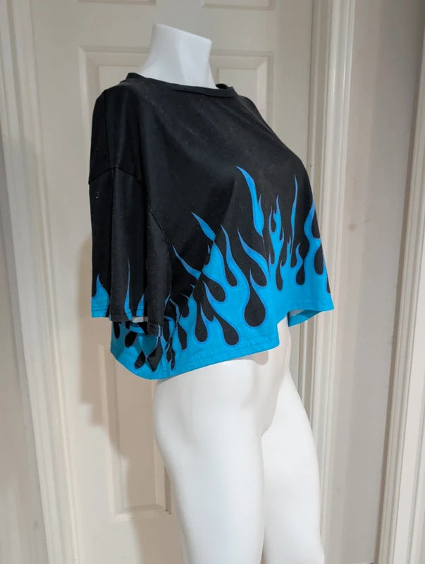 Shein Y2K Retro Blue Flame Cropped Tee Women's 4XL
