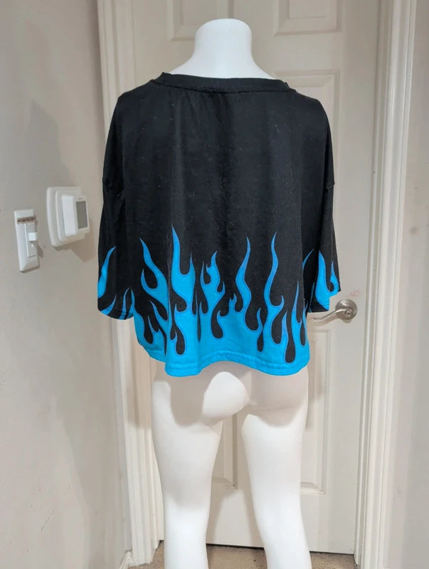 Shein Y2K Retro Blue Flame Cropped Tee Women's 4XL