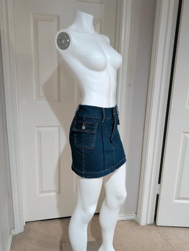 Retro Women's Denim Mini Skirt Utility Pockets Women's XS Y2K