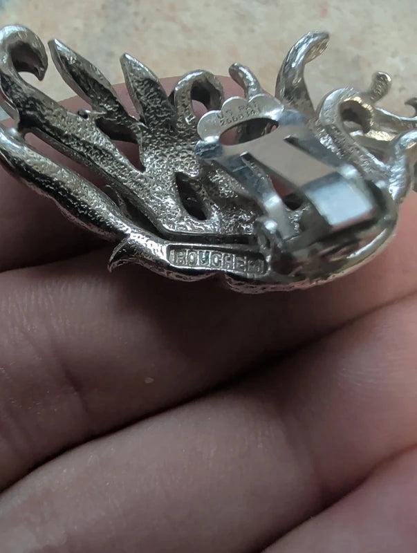 VTG Signed Boucher Wing Clip-On Earrings Silver Tone Nature Leaf Swag Polished