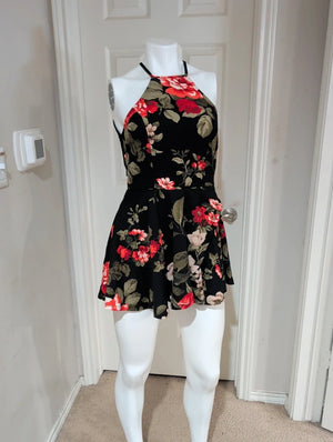 Windsor Women’s Black & Red Floral Lace Back Skater Romper Medium