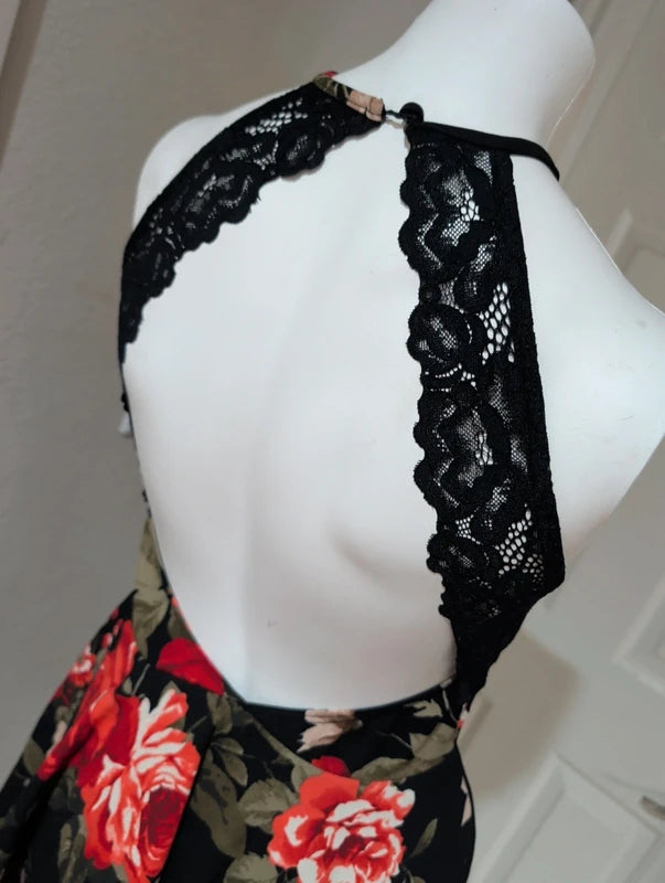 Windsor Women’s Black & Red Floral Lace Back Skater Romper Medium