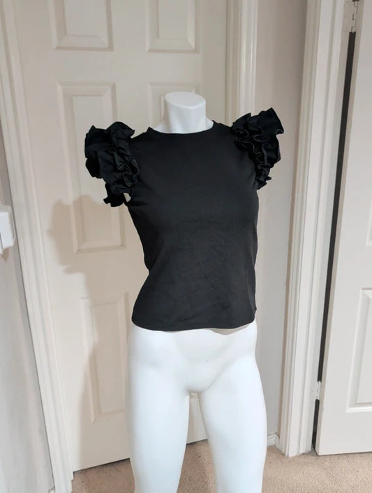 Fun Glam Black Ruffle Sleeve Ribbed Tank Women's Large