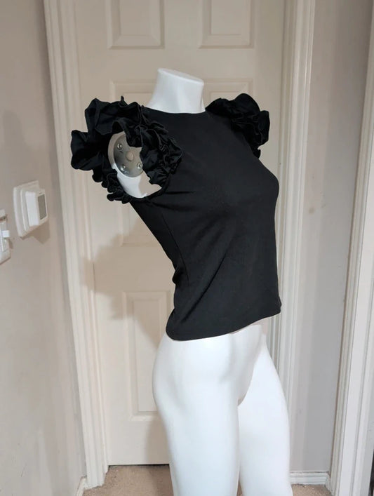Fun Glam Black Ruffle Sleeve Ribbed Tank Women's Large