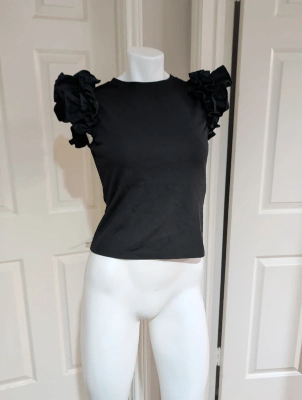 Fun Glam Black Ruffle Sleeve Ribbed Tank Women's Large