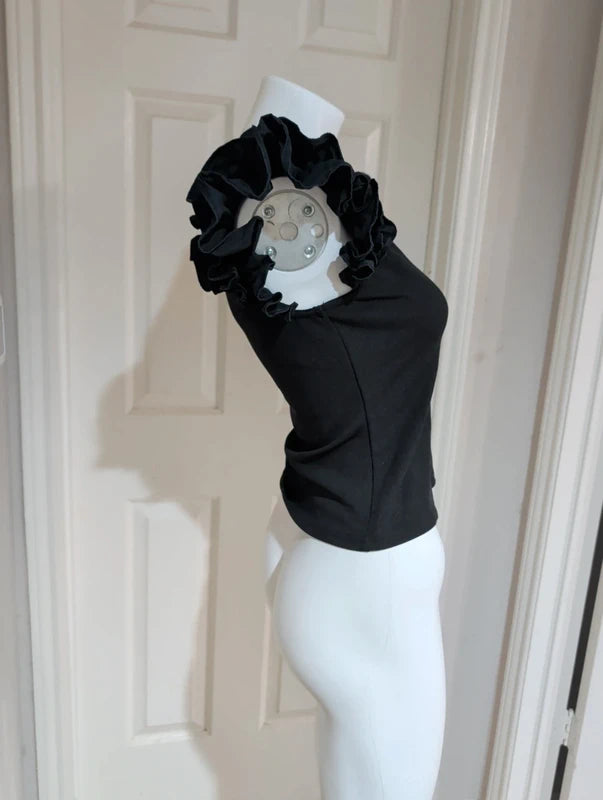 Fun Glam Black Ruffle Sleeve Ribbed Tank Women's Large