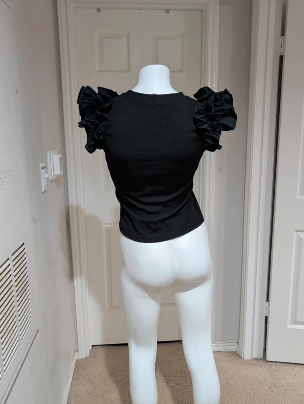 Fun Glam Black Ruffle Sleeve Ribbed Tank Women's Large