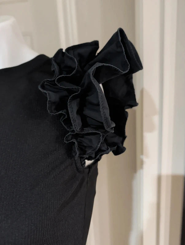 Fun Glam Black Ruffle Sleeve Ribbed Tank Women's Large
