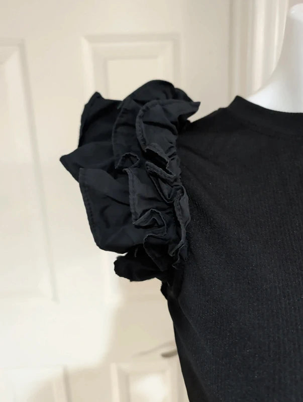 Fun Glam Black Ruffle Sleeve Ribbed Tank Women's Large