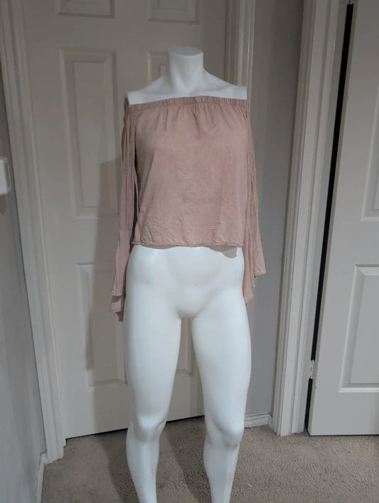 Polly Esther Pale Pink Cropped Bell Sleeve Blouse Women's Medium