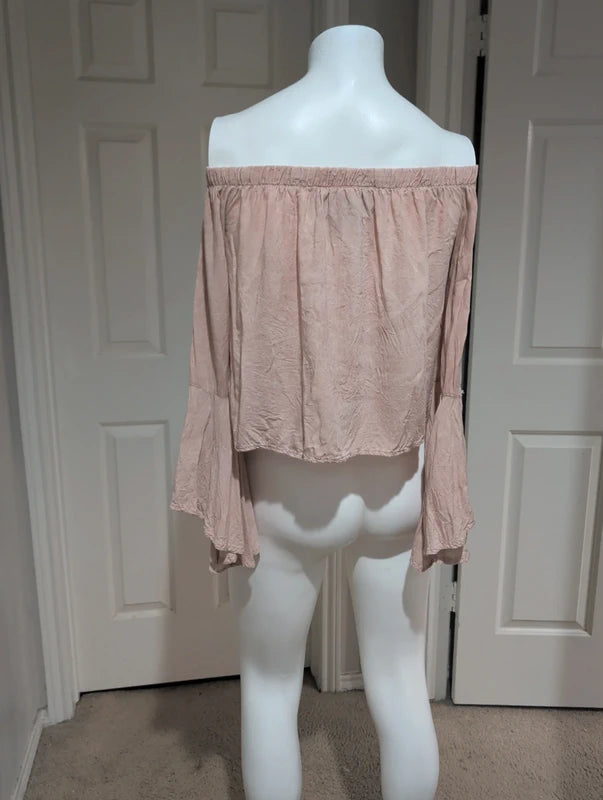 Polly Esther Pale Pink Cropped Bell Sleeve Blouse Women's Medium