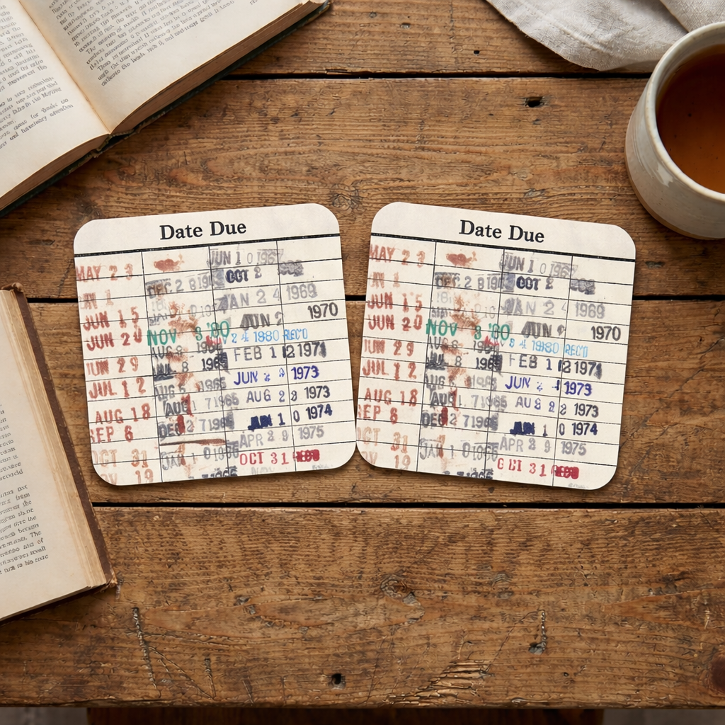 Library Card Coaster - Librarian Gift Set of Coasters - Reading Reader Book - Vintage Library Due Date Card