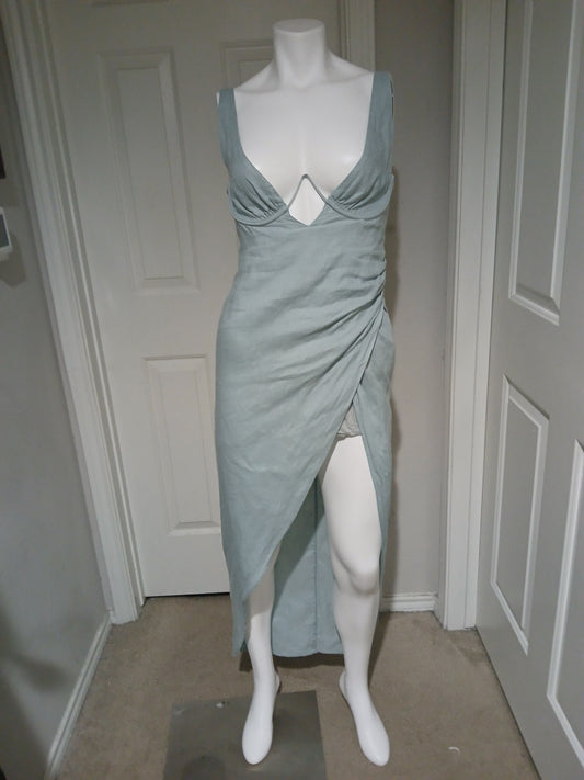Rumer The Label Luella Maxi Linen Dress Blue Slit Size S