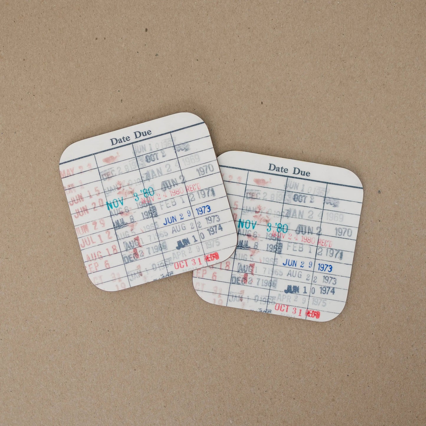 Library Card Coaster - Librarian Gift Set of Coasters - Reading Reader Book - Vintage Library Due Date Card