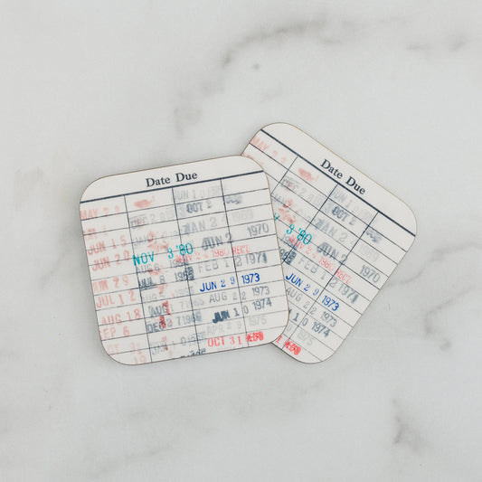 Library Card Coaster - Librarian Gift Set of Coasters - Reading Reader Book - Vintage Library Due Date Card