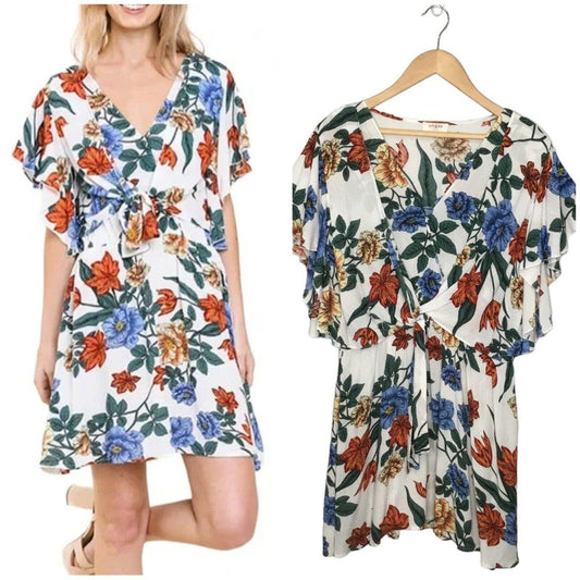 Umgee Tropical Floral Flare Sleeve Tie Front Fit Dress L