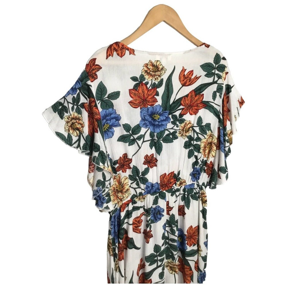Umgee Tropical Floral Flare Sleeve Tie Front Fit Dress L