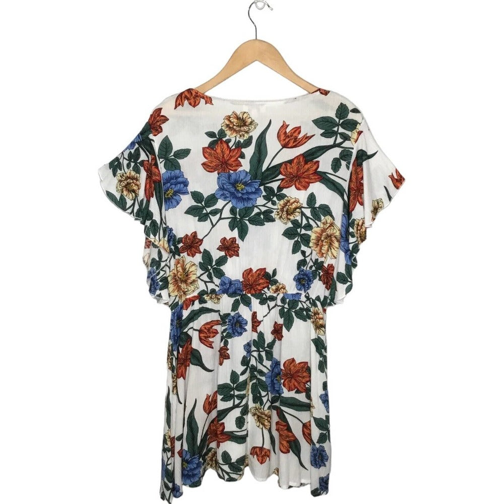 Umgee Tropical Floral Flare Sleeve Tie Front Fit Dress L
