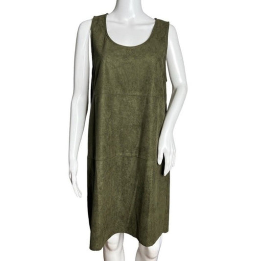 Lumiere Faux Suede Shift Dress Army Green Sleeveless Scoop Neck Mini Dress