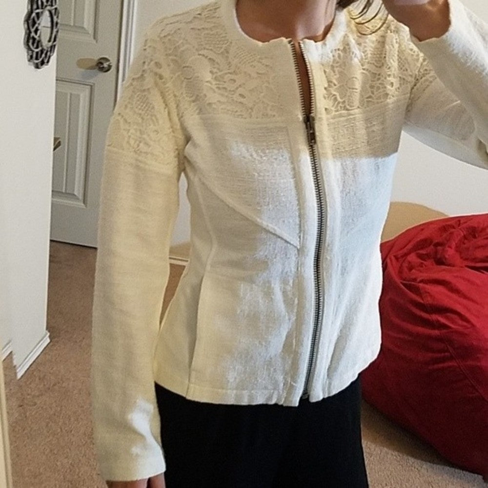CABi Cotton Boucle Lace Zip Front Moto Jacket XS