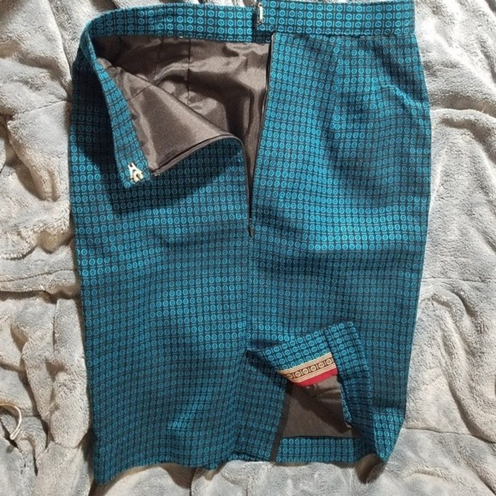 Bold Blue Patterned Handmade Pencil Skirt Size SP