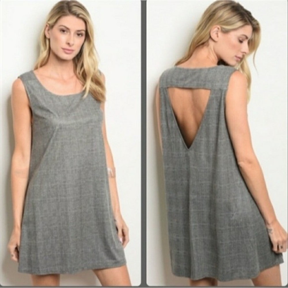 ROKOKO Trapeze Dress Sleeveless Back Cutout Large Gray with White Checks