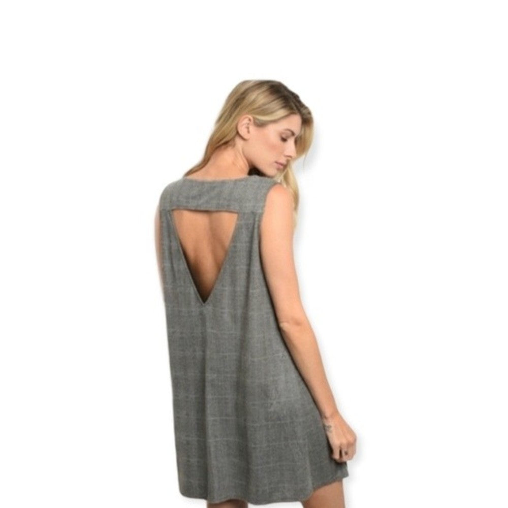 ROKOKO Trapeze Dress Sleeveless Back Cutout Large Gray with White Checks