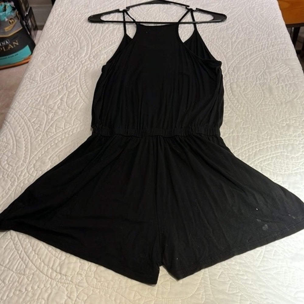 Reoria Black V-Neck Romper with Pockets Size S