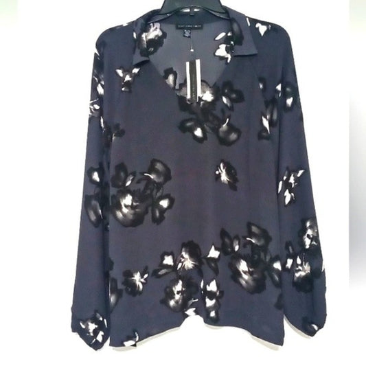 NWT JOAN VASS V-NECK BLOUSE WOMEN'S SIZE XL BLUE/GRAY