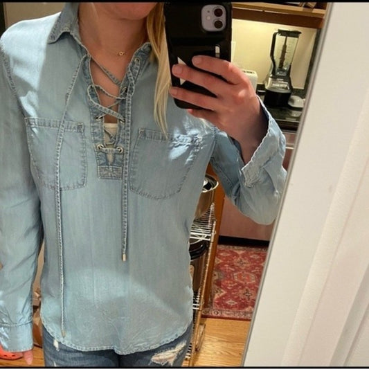 Adorable Paige Denim Chambray Top with Lace Up Front size S