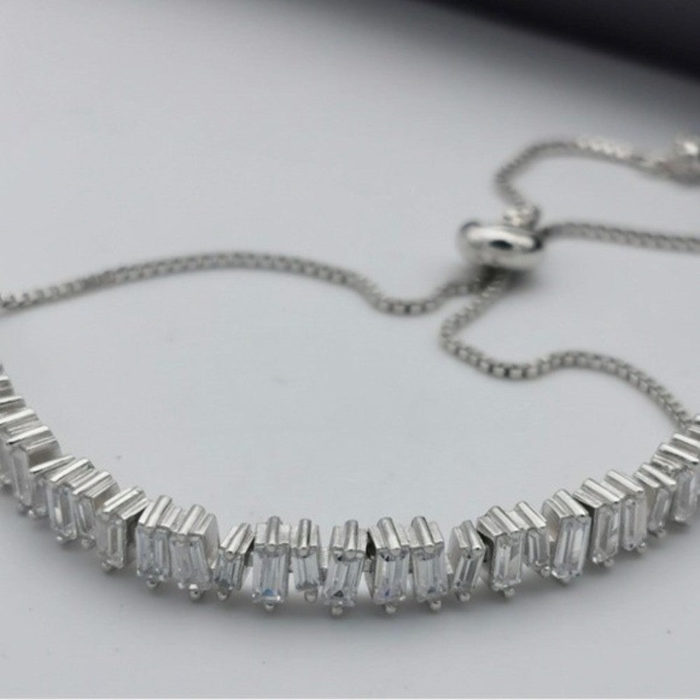 NEW Silver Cubic Zirconia Baguette Pull Tie Lariat Bracelet