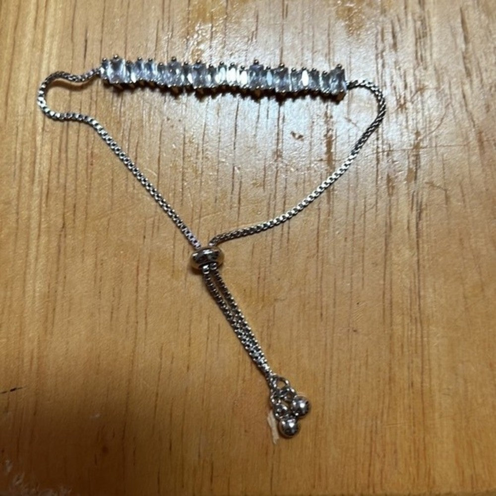 NEW Silver Cubic Zirconia Baguette Pull Tie Lariat Bracelet