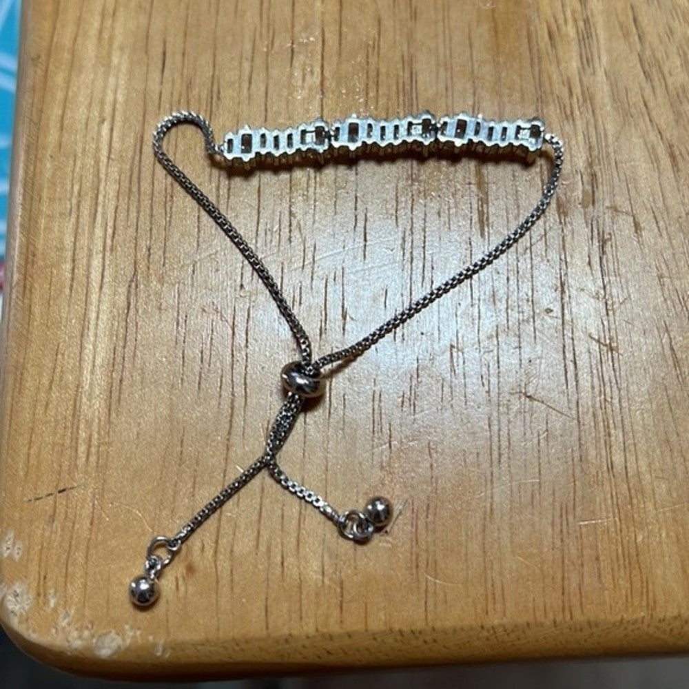NEW Silver Cubic Zirconia Baguette Pull Tie Lariat Bracelet