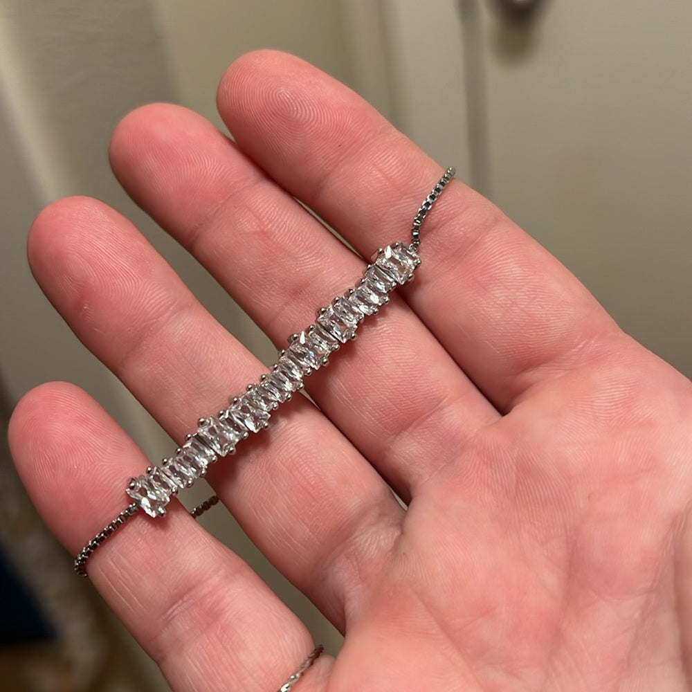 NEW Silver Cubic Zirconia Baguette Pull Tie Lariat Bracelet