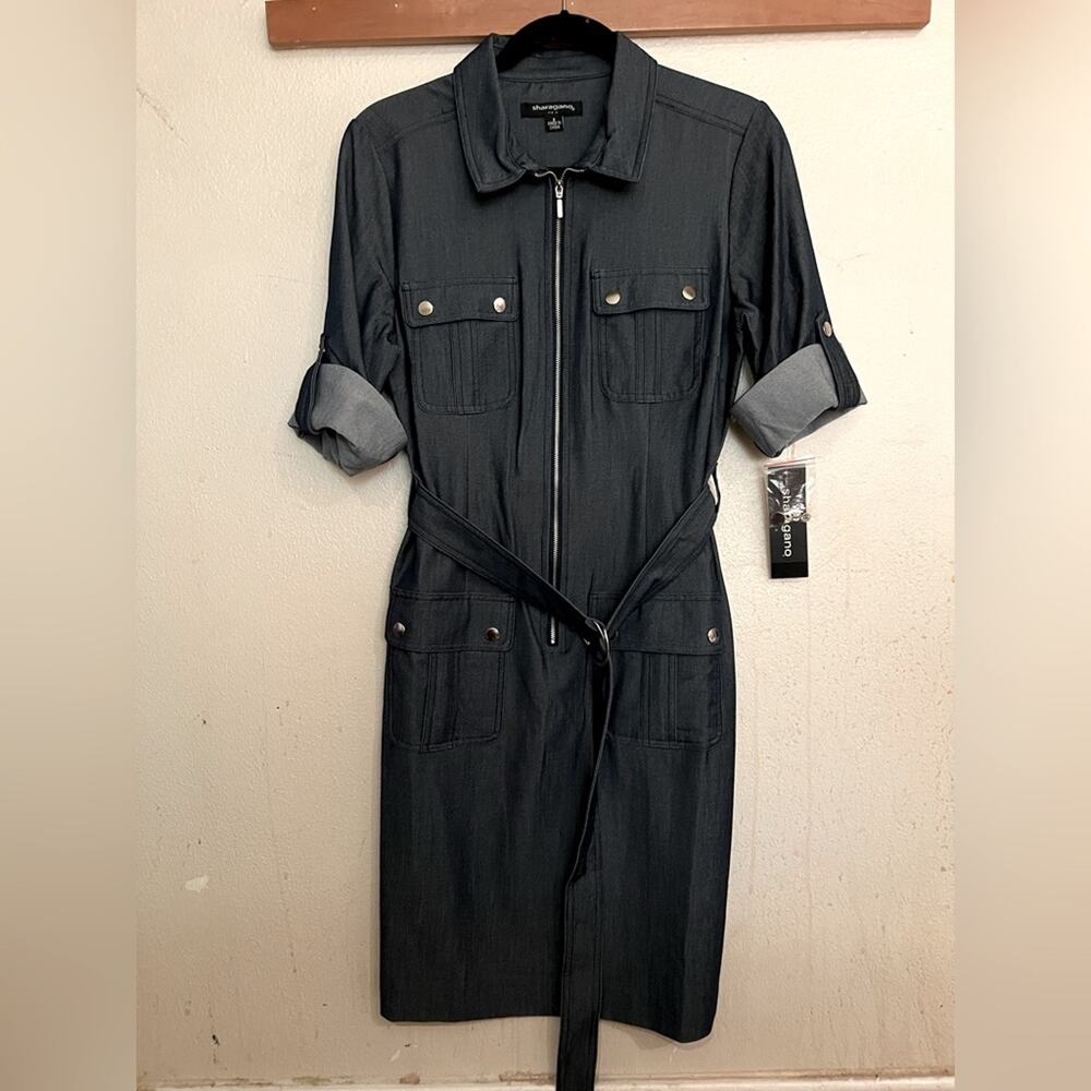 NWT Sharagano Stretch Navy Denim Style Midi Dress Size 8